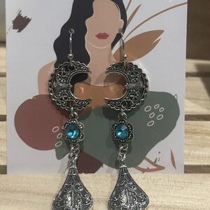 Silver Crescent Moon Earrings with Blue Gemstone